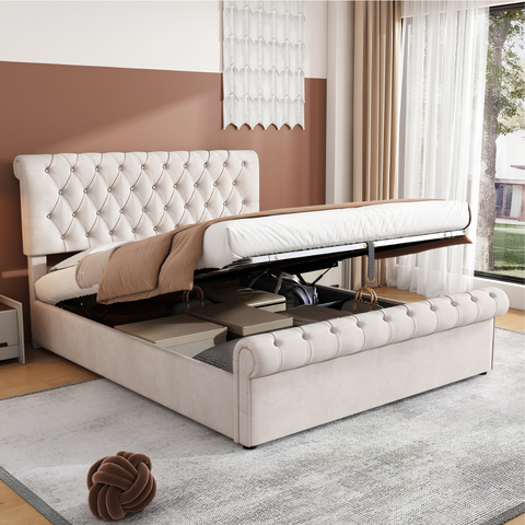 Premium 4FT6 Double Velvet Bed Frame with Storage & Slatted Support