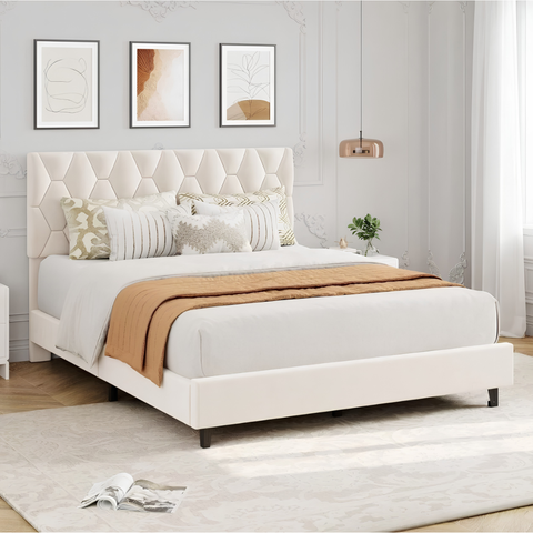 Premium Full Size Upholstered Platform Bed with Adjustable Headboard & Wooden Slat Support