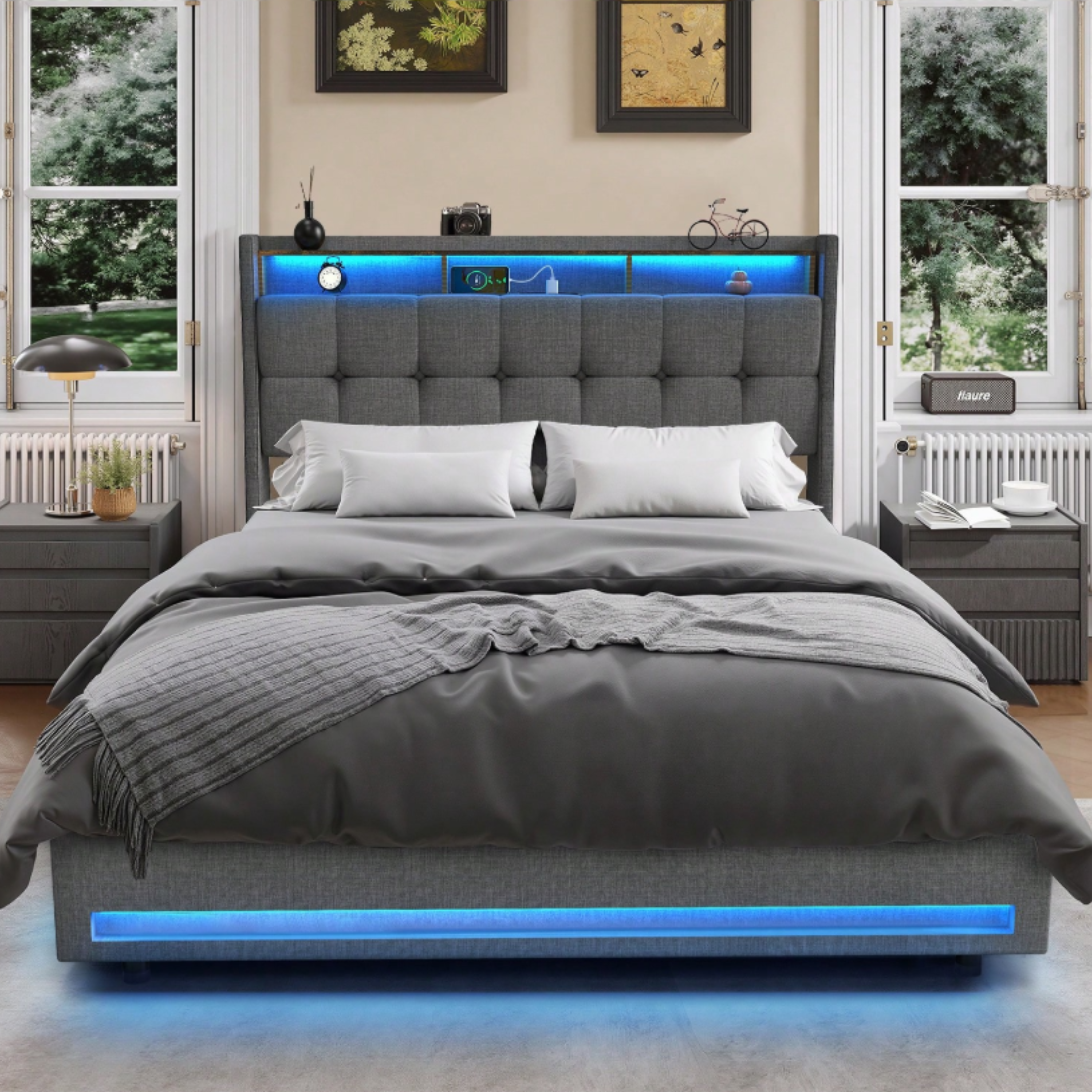 4FT6 Double Ottoman Bed Frame with USB Charging Port, LED Light & Storage Drawers Secondary image