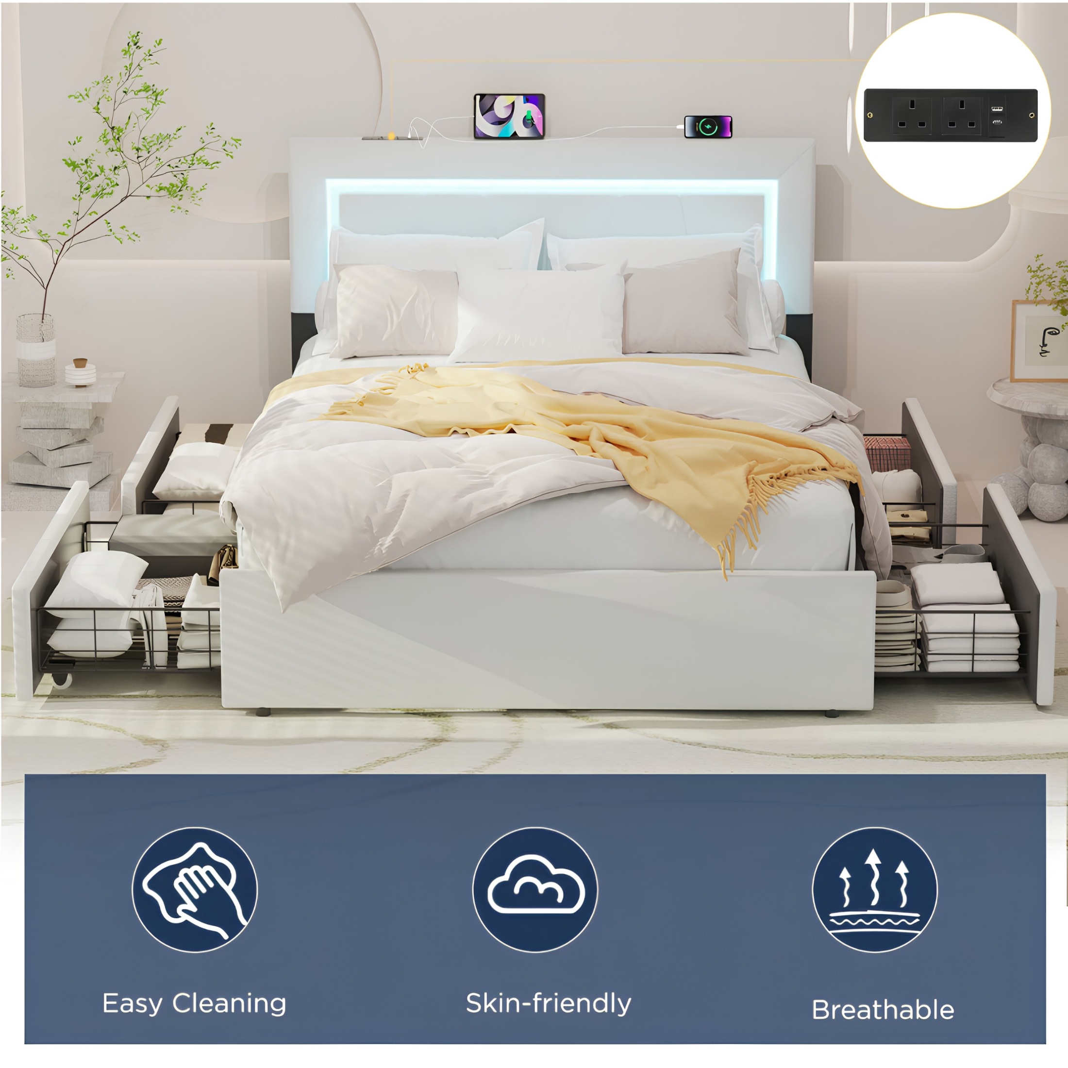 Modern 4FT6 Double Bed Frame with 4 Storage Drawers, Adjustable Headboard & LED Lights Secondary image