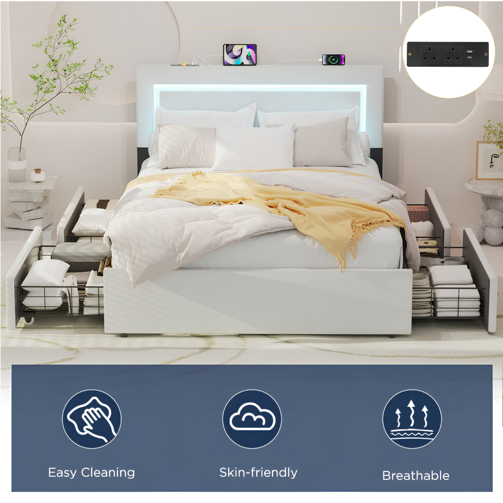 Modern 4FT6 Double Bed Frame with 4 Storage Drawers, Adjustable Headboard & LED Lights