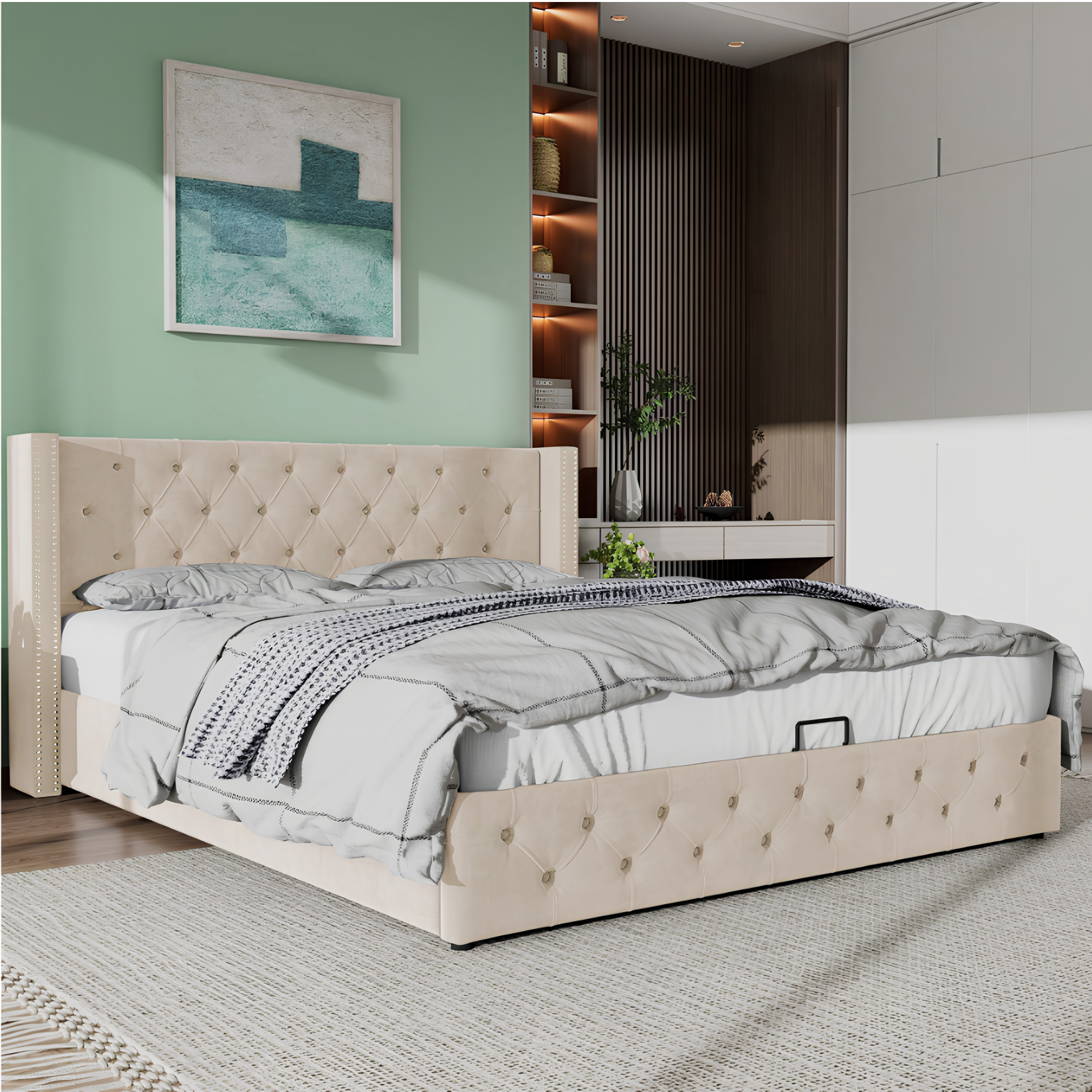 King Size Velvet Ottoman Storage Bed Frame with Hydraulic Lift | Beige