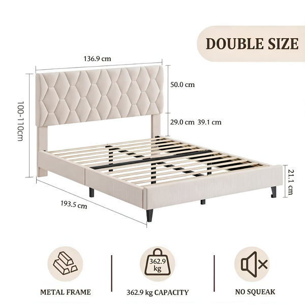 Premium Full Size Upholstered Platform Bed with Adjustable Headboard & Wooden Slat Support