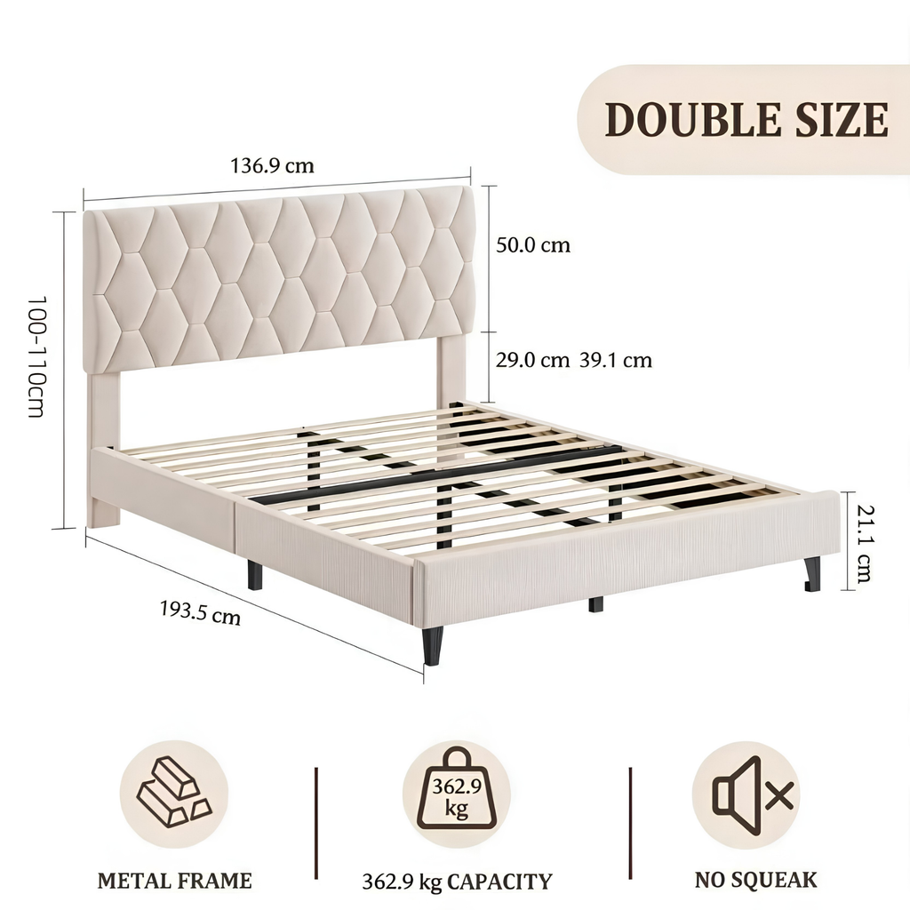Noise-Free Upholstered Platform Bed with Solid Wood Slats & Headboard