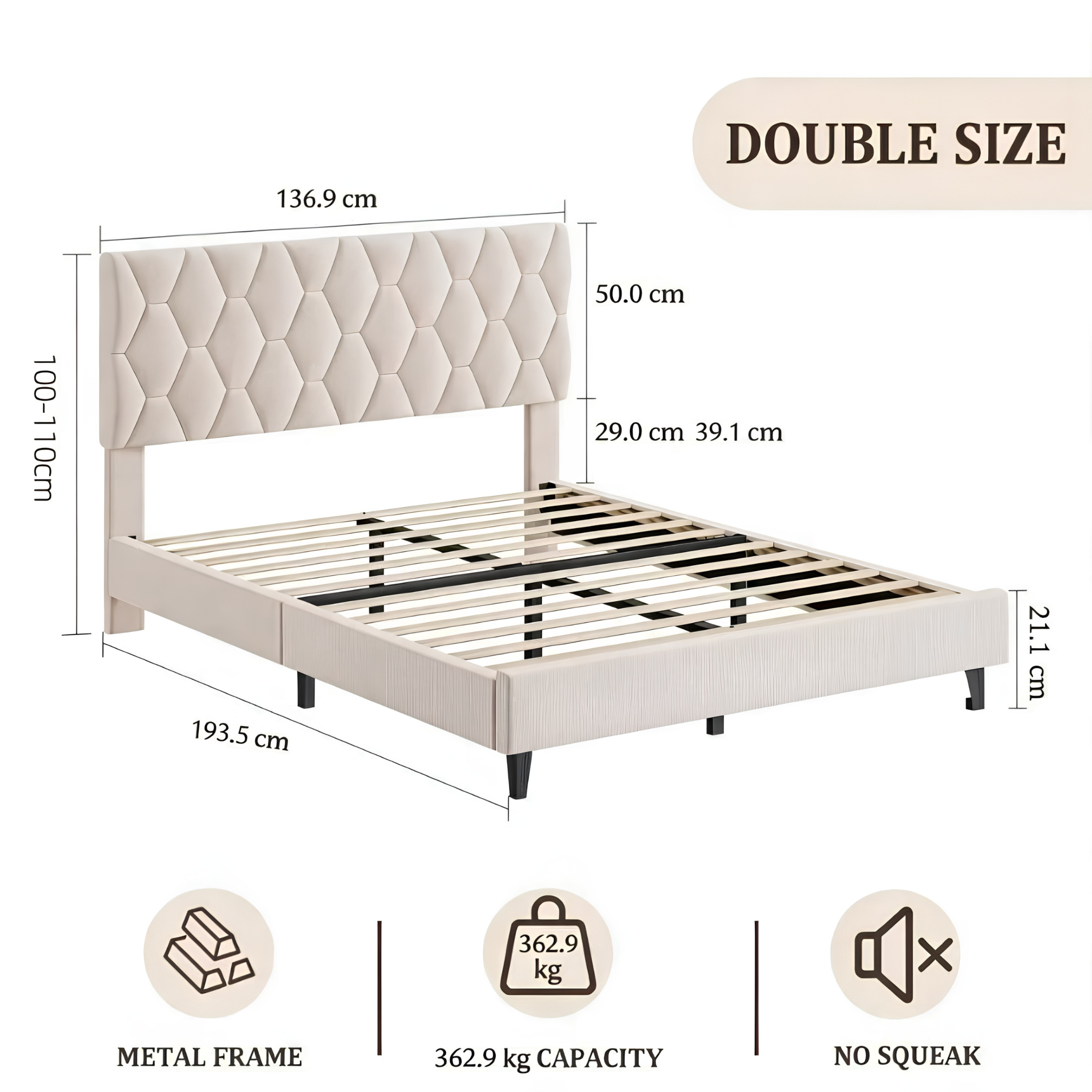 Noise-Free Upholstered Platform Bed with Solid Wood Slats & Headboard