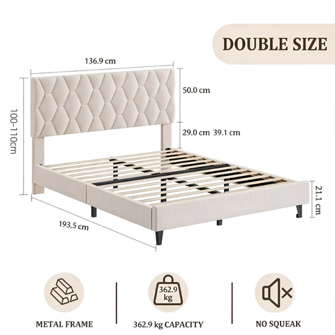 Noise-Free Upholstered Platform Bed with Solid Wood Slats & Headboard