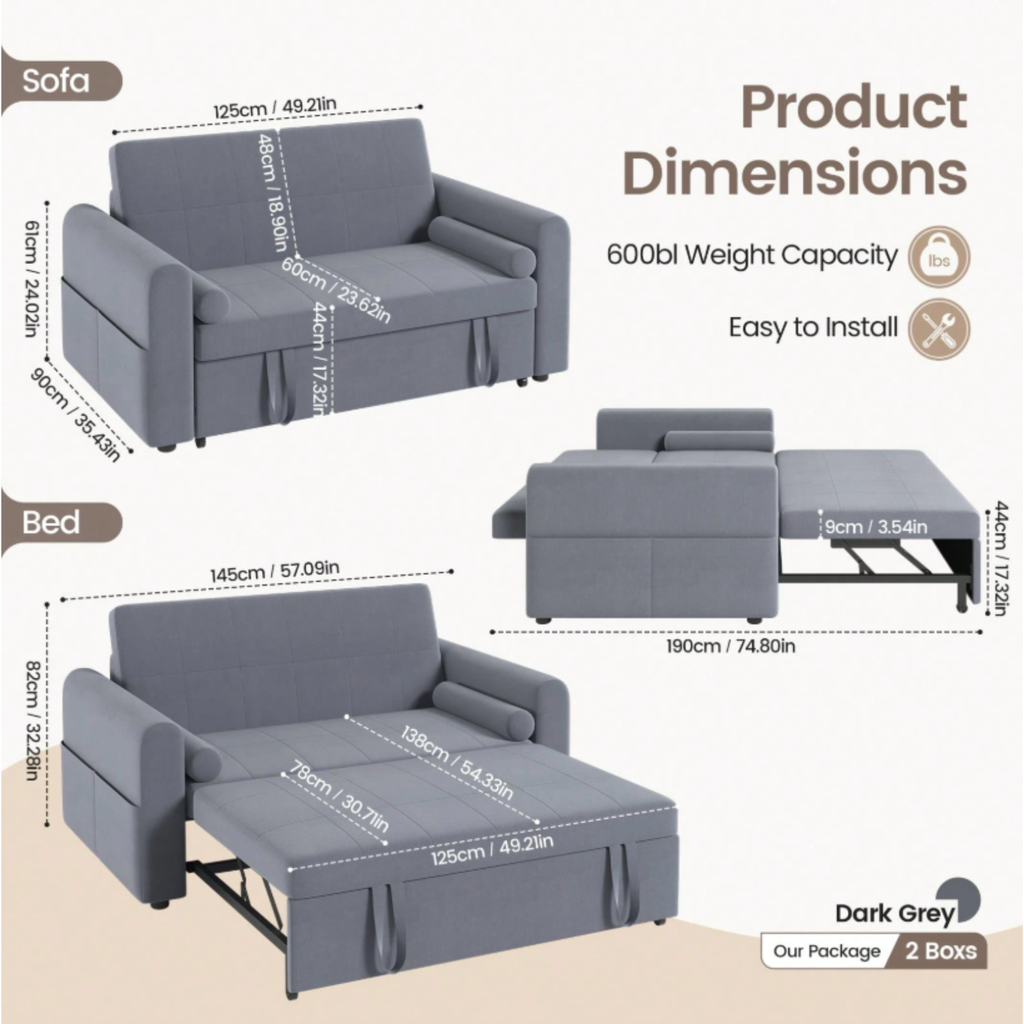 Multi-Function 2 Seater Sofa Bed with Pull-Out Bed, Side Storage Pockets & Adjustable Backrest