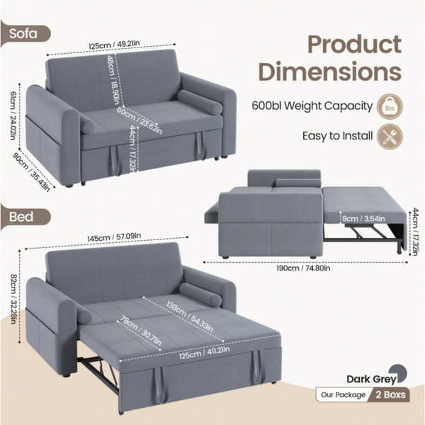 Multi-Function 2 Seater Sofa Bed with Pull-Out Bed, Side Storage Pockets & Adjustable Backrest