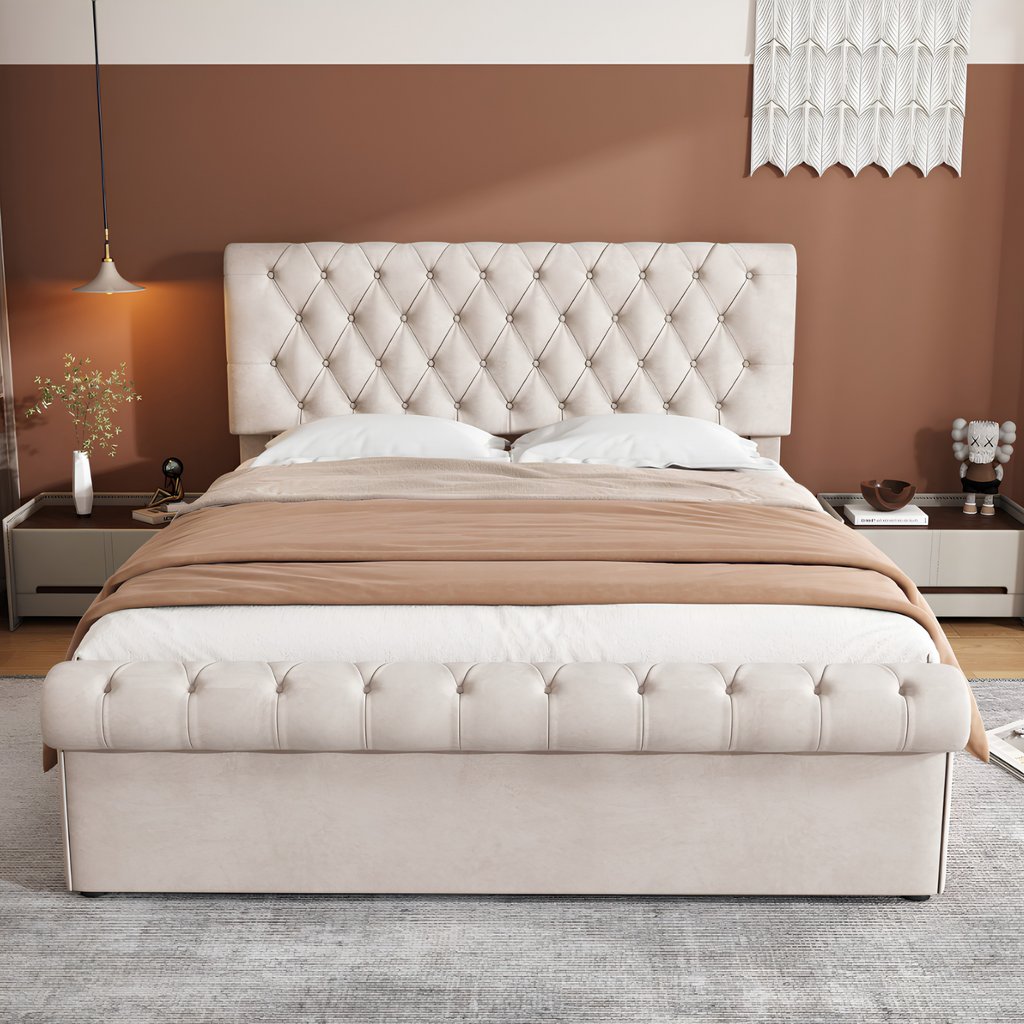 Premium 4FT6 Double Velvet Bed Frame with Storage & Slatted Support