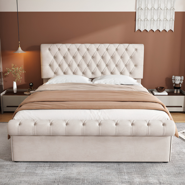 Premium 4FT6 Double Velvet Bed Frame with Storage & Slatted Support