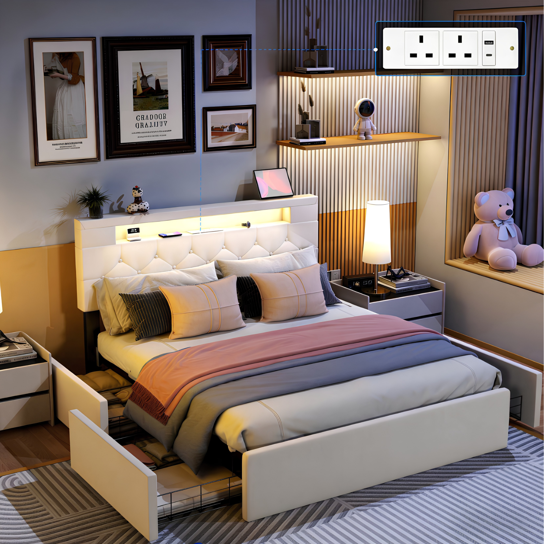 Premium Double Upholstered Storage Bed with LED Headboard, USB Charging & 4 Drawers Secondary image