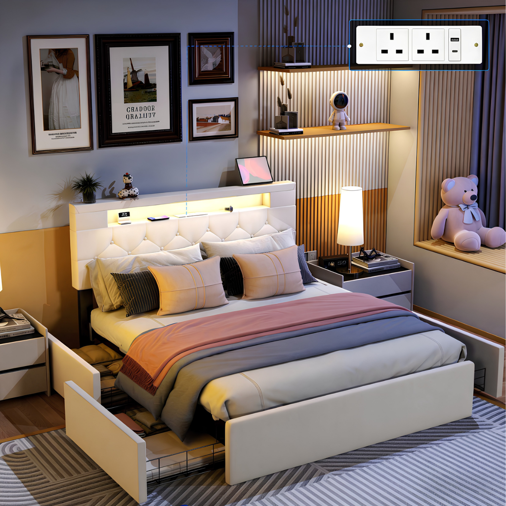 Premium Double Upholstered Storage Bed with LED Headboard, USB Charging & 4 Drawers