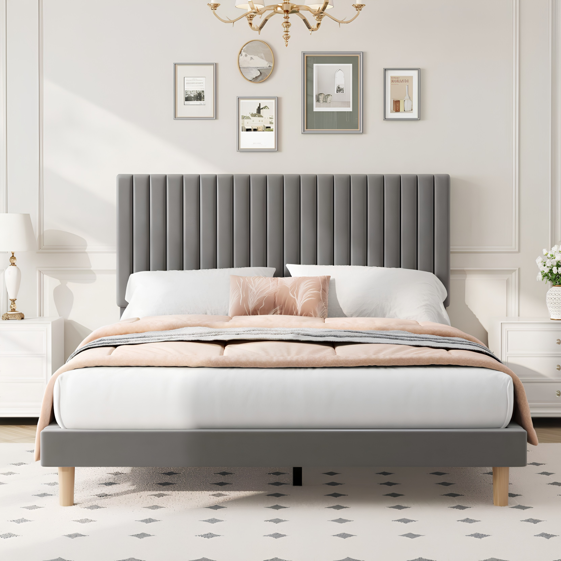 Upholstered Platform Bed Frame with Adjustable Channel-Tufted Headboard & Wooden Slat Support Secondary image
