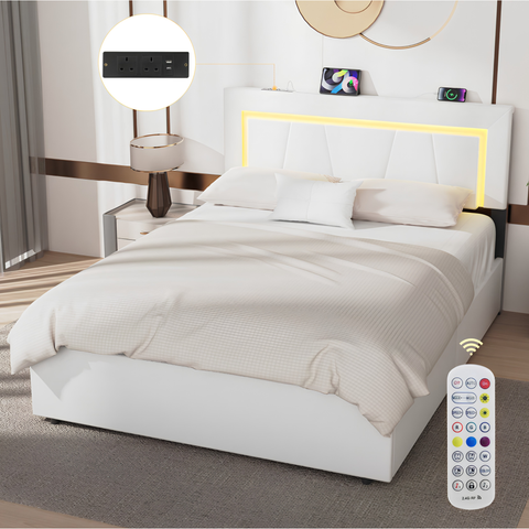 Modern 4FT6 Double Bed Frame with LED Lights, 4 Storage Drawers & Wooden Slats