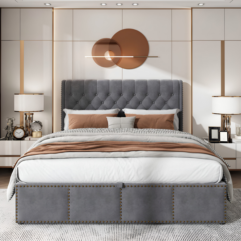 5FT King Size Velvet Ottoman Bed Frame | Hydraulic Storage, Upholstered Headboard & Wooden Slat Support