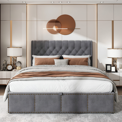 5FT King Size Velvet Ottoman Bed Frame | Hydraulic Storage, Upholstered Headboard & Wooden Slat Support