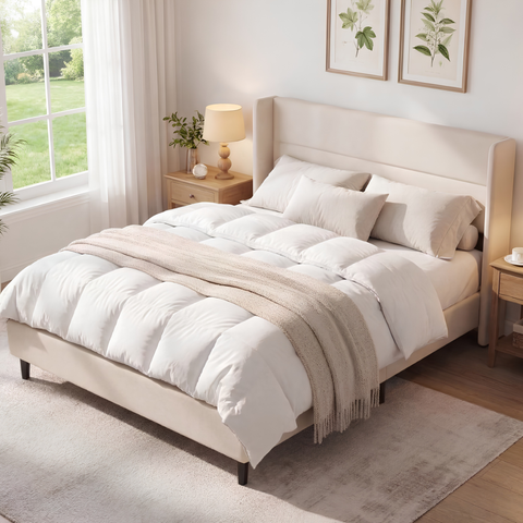 Luxury Full Size Velvet Bed Frame with Wingback Headboard | No Box Spring Required