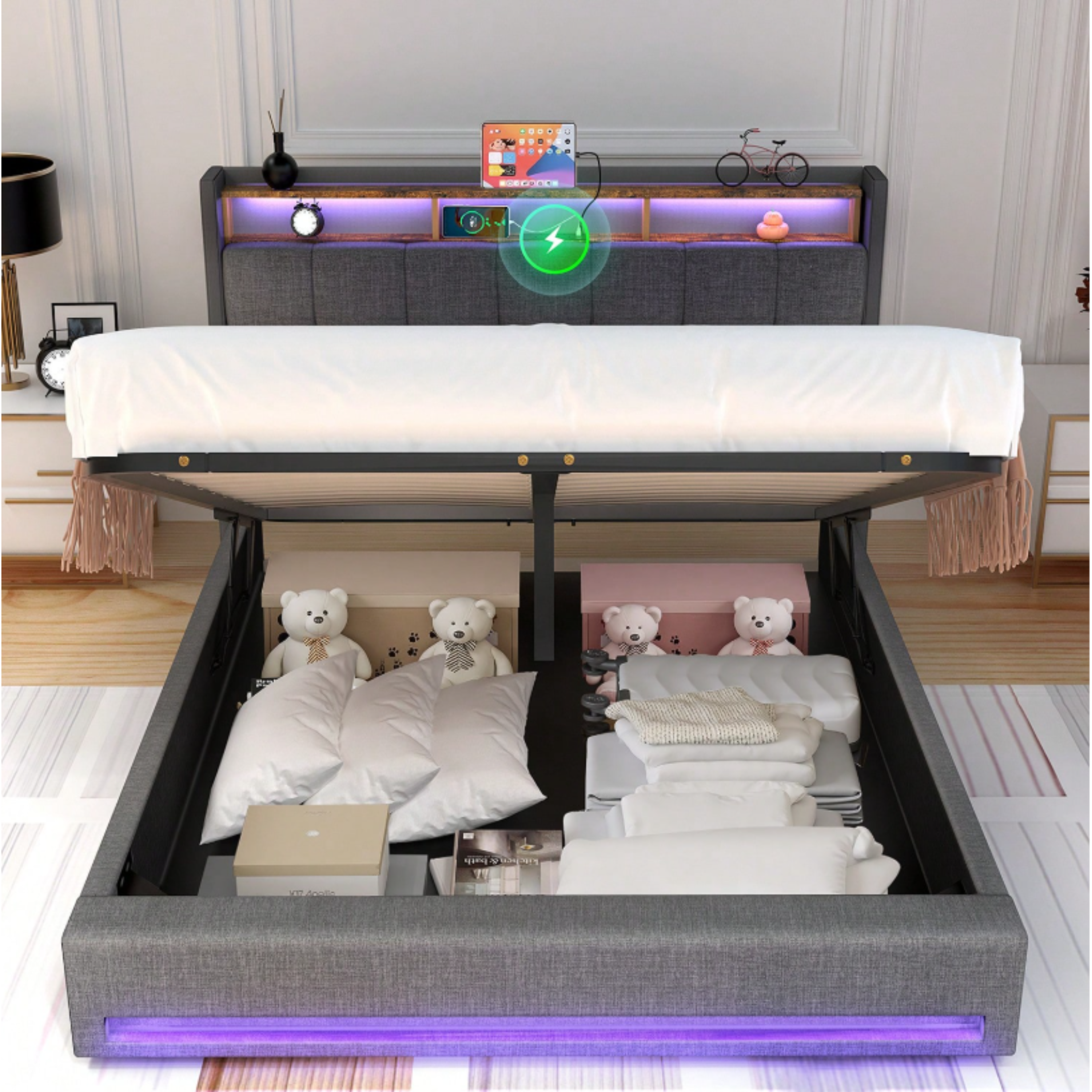 4FT6 Double Ottoman Bed Frame with USB Charging Port, LED Light & Storage Drawers