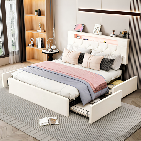 Premium Double Upholstered Storage Bed with LED Headboard, USB Charging & 4 Drawers