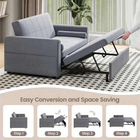 Multi-Function 2 Seater Sofa Bed with Pull-Out Bed, Side Storage Pockets & Adjustable Backrest