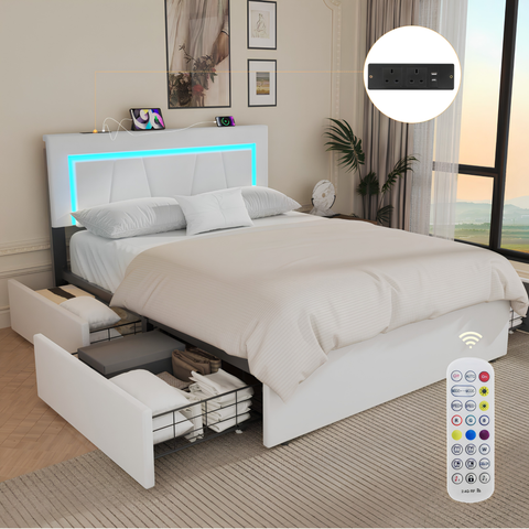 Modern 4FT6 Double Bed Frame with LED Lights, 4 Storage Drawers & Wooden Slats