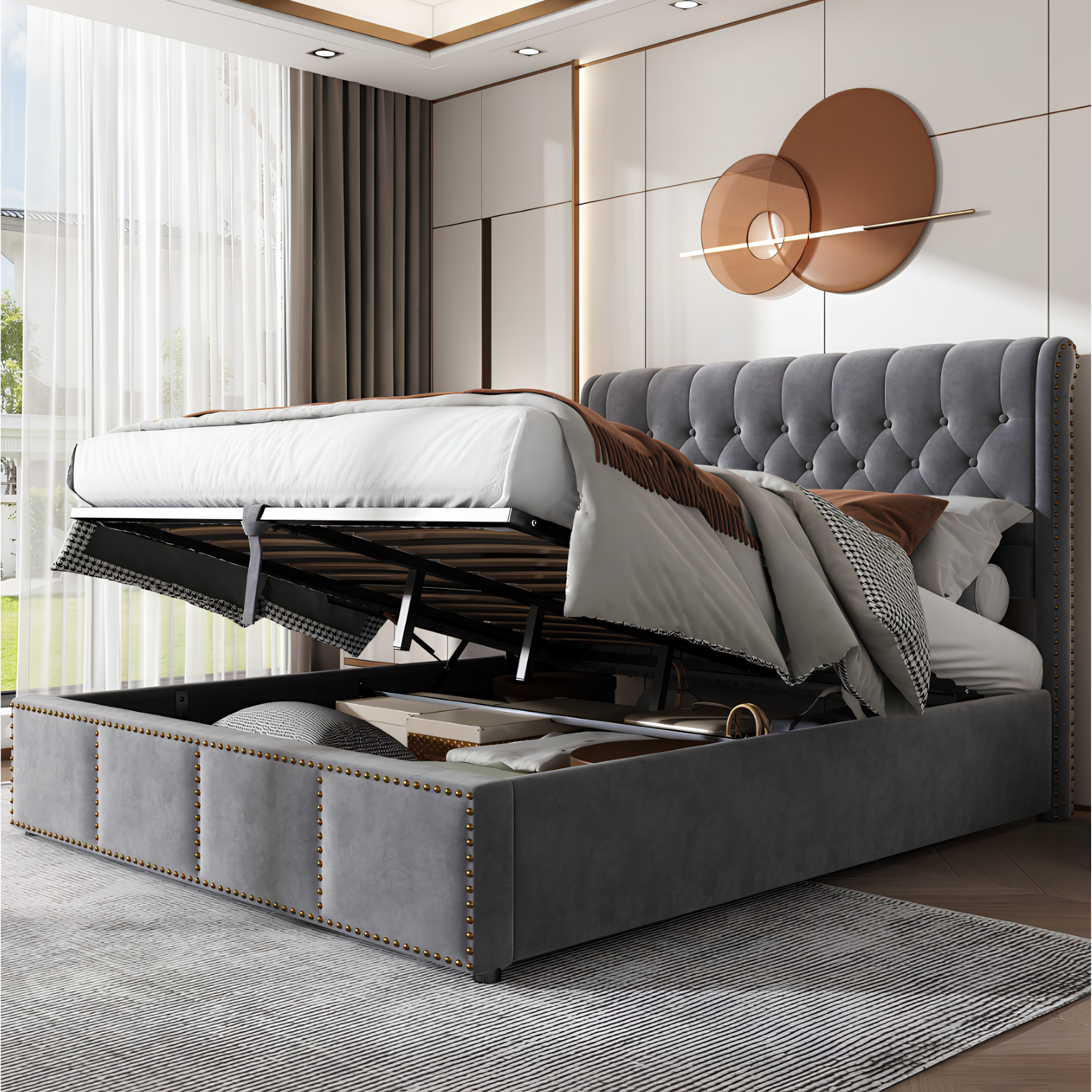 5FT King Size Velvet Ottoman Bed Frame | Hydraulic Storage, Upholstered Headboard & Wooden Slat Support