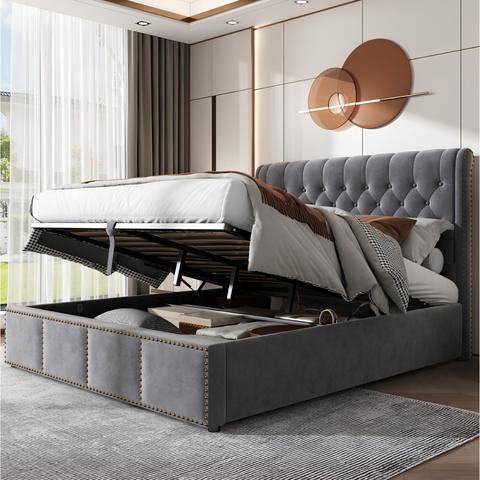 5FT King Size Velvet Ottoman Bed Frame | Hydraulic Storage, Upholstered Headboard & Wooden Slat Support