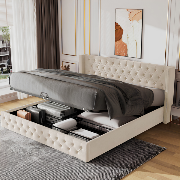 King Size Velvet Ottoman Storage Bed Frame with Hydraulic Lift | Beige