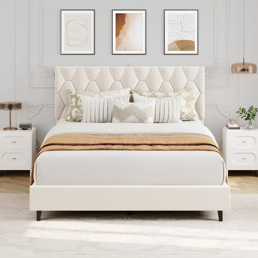 Noise-Free Upholstered Platform Bed with Solid Wood Slats & Headboard