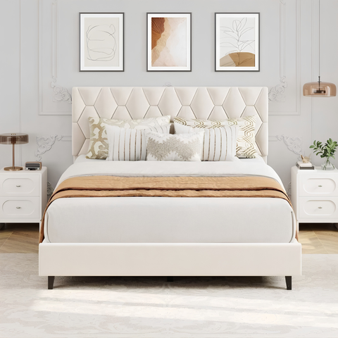 Noise-Free Upholstered Platform Bed with Solid Wood Slats & Headboard
