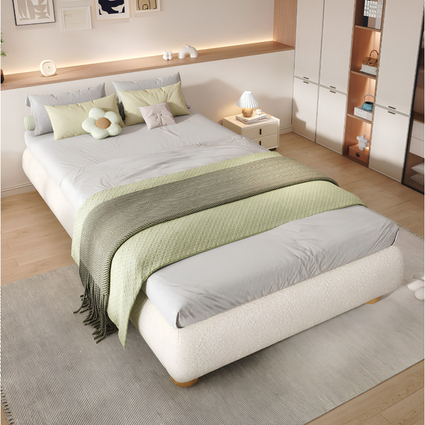 3FT Single Bouclé Upholstered Platform Bed Frame with Wooden Slat Support