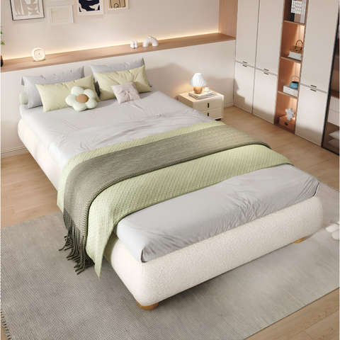 3FT Single Bouclé Upholstered Platform Bed Frame with Wooden Slat Support