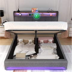 4FT6 Double Ottoman Bed Frame with USB Charging Port, LED Light & Storage Drawers