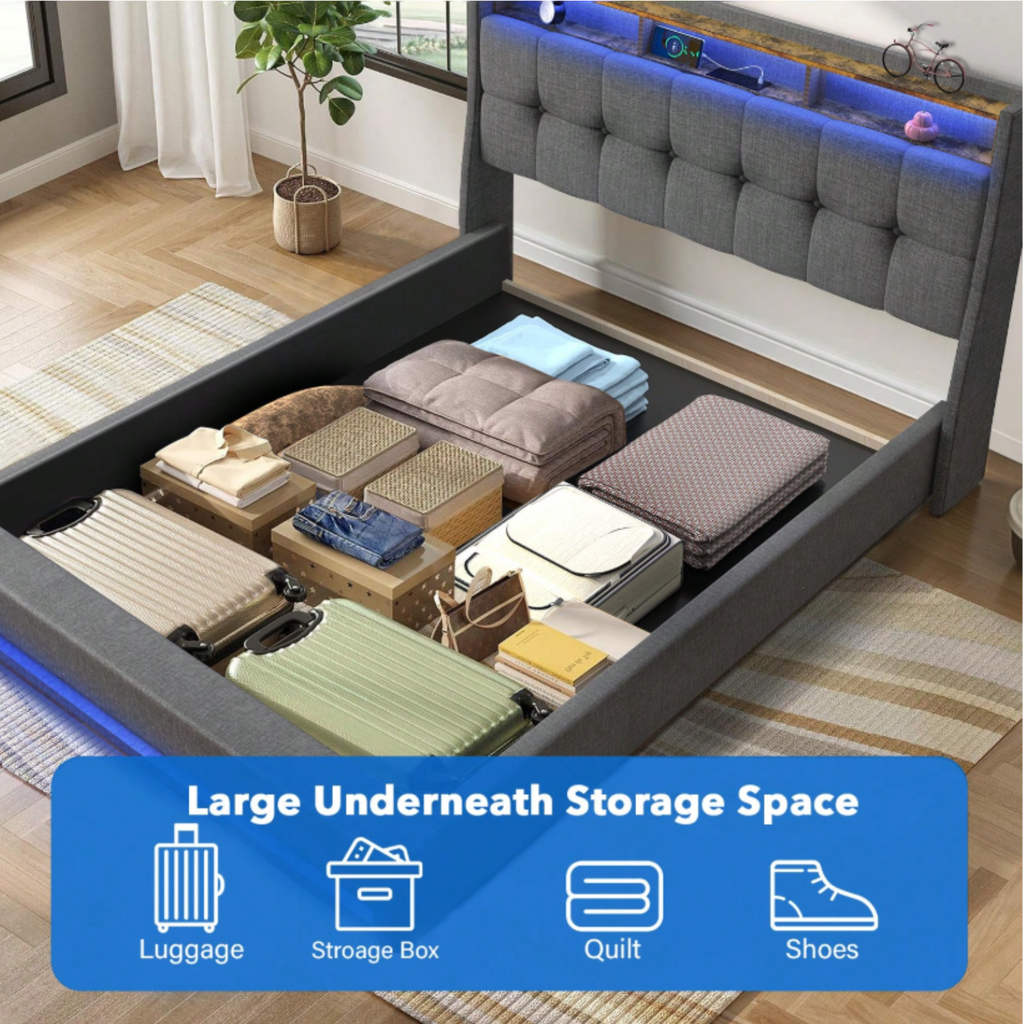 4FT6 Double Ottoman Bed Frame with USB Charging Port, LED Light & Storage Drawers