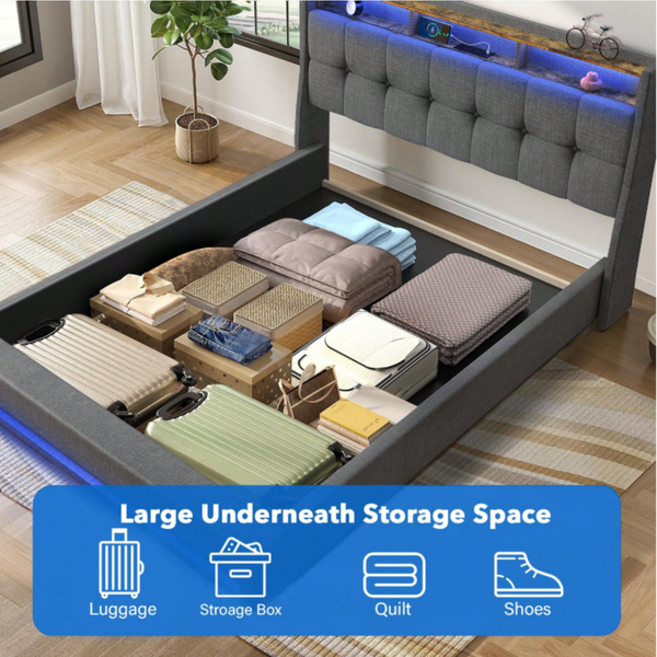 4FT6 Double Ottoman Bed Frame with USB Charging Port, LED Light & Storage Drawers