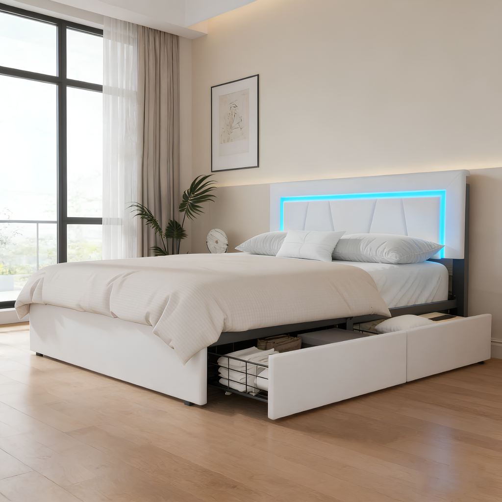 Modern 4FT6 Double Bed Frame with LED Lights, 4 Storage Drawers & Wooden Slats