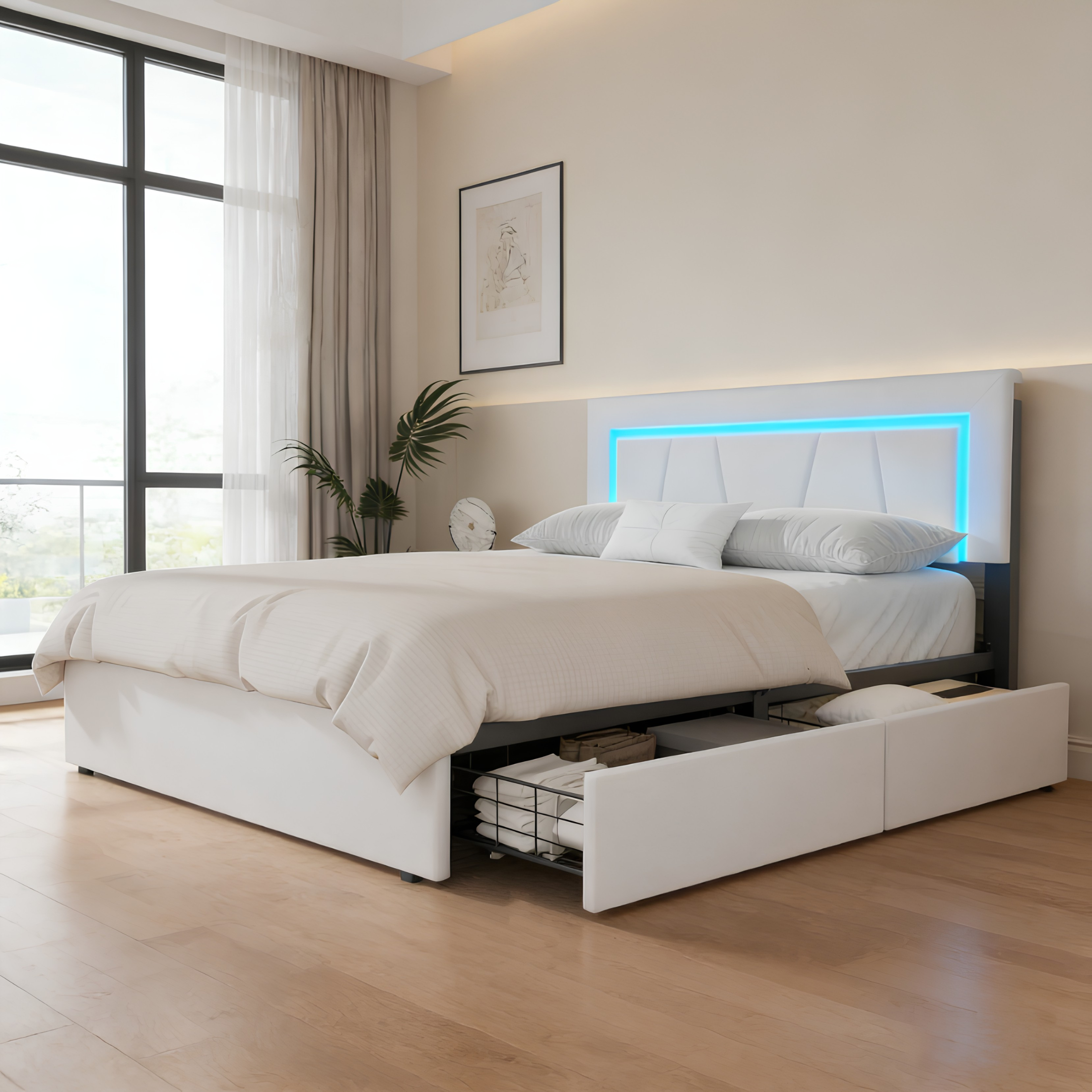 Modern 4FT6 Double Bed Frame with LED Lights, 4 Storage Drawers & Wooden Slats