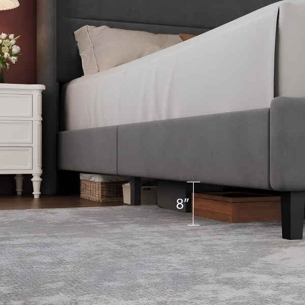 Luxury Full Size Velvet Bed Frame with Wingback Headboard | No Box Spring Required