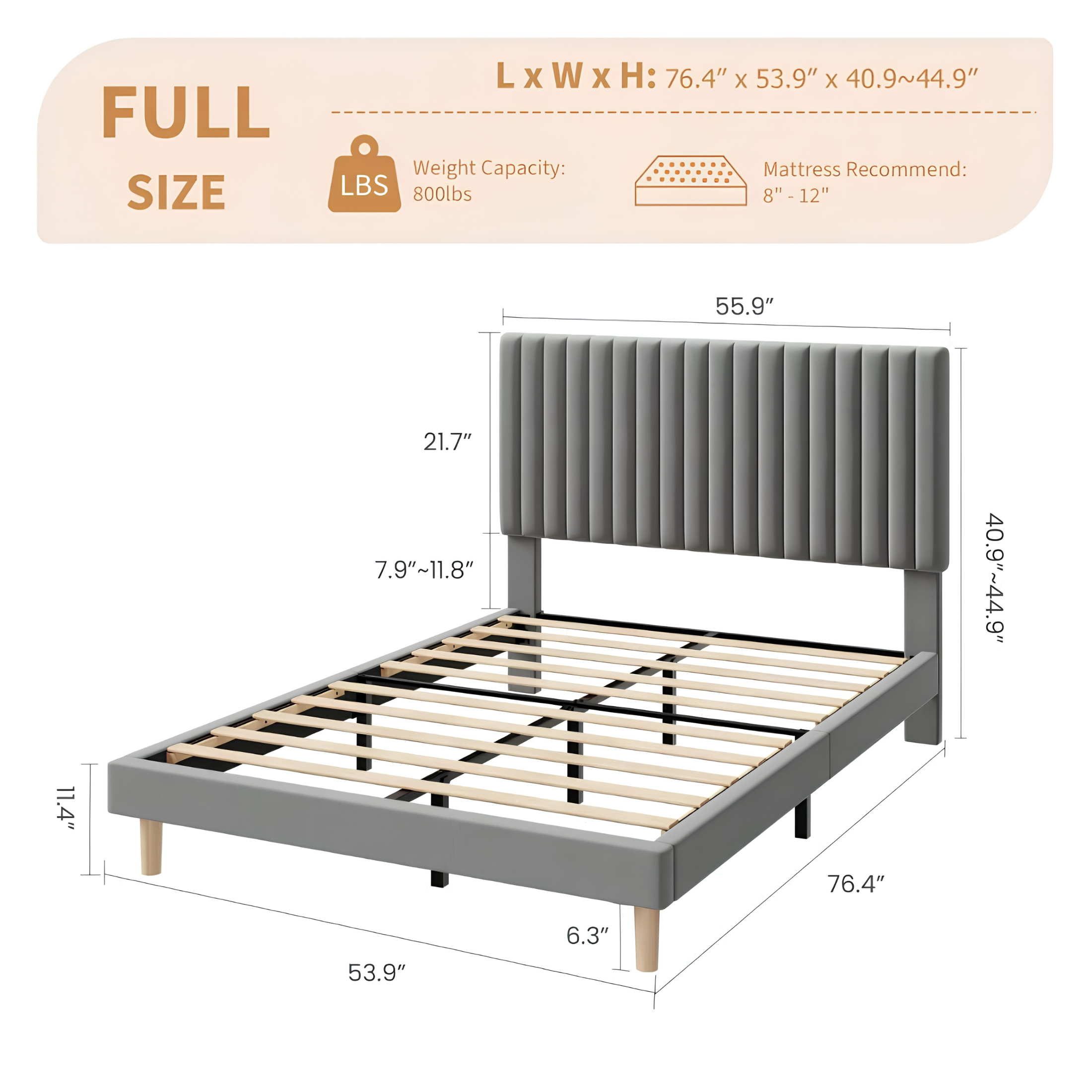 Upholstered Platform Bed Frame with Adjustable Channel-Tufted Headboard & Wooden Slat Support