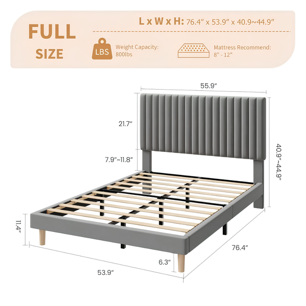 Upholstered Platform Bed Frame with Adjustable Channel-Tufted Headboard & Wooden Slat Support