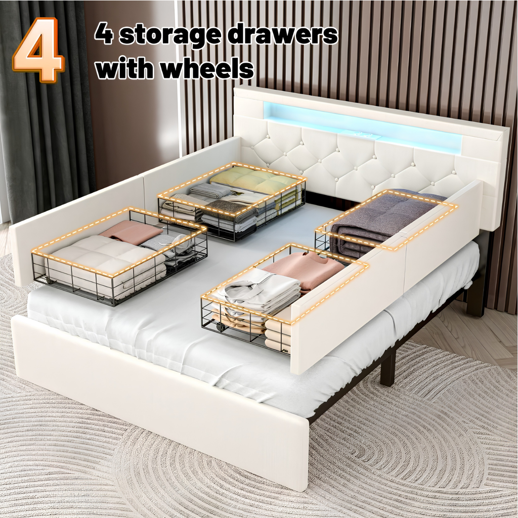 Premium Double Upholstered Storage Bed with LED Headboard, USB Charging & 4 Drawers