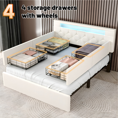 Premium Double Upholstered Storage Bed with LED Headboard, USB Charging & 4 Drawers