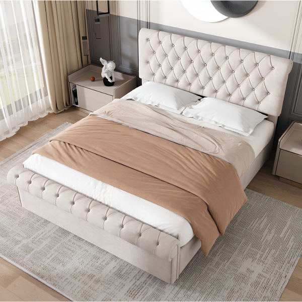Premium 4FT6 Double Velvet Bed Frame with Storage & Slatted Support