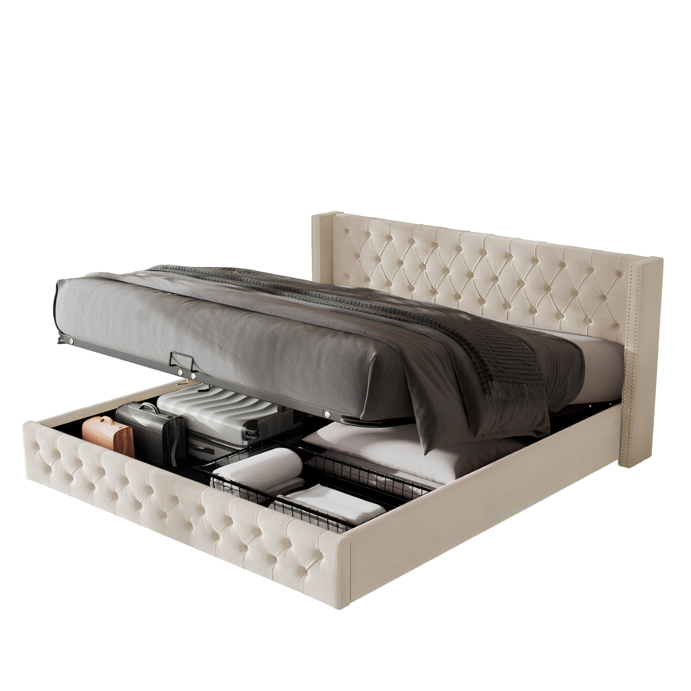 King Size Velvet Ottoman Storage Bed Frame with Hydraulic Lift | Beige