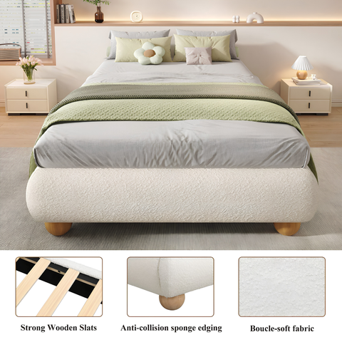 3FT Single Bouclé Upholstered Platform Bed Frame with Wooden Slat Support