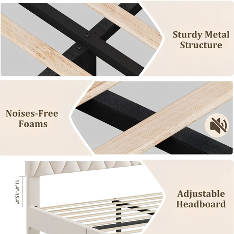 Premium Full Size Upholstered Platform Bed with Adjustable Headboard & Wooden Slat Support