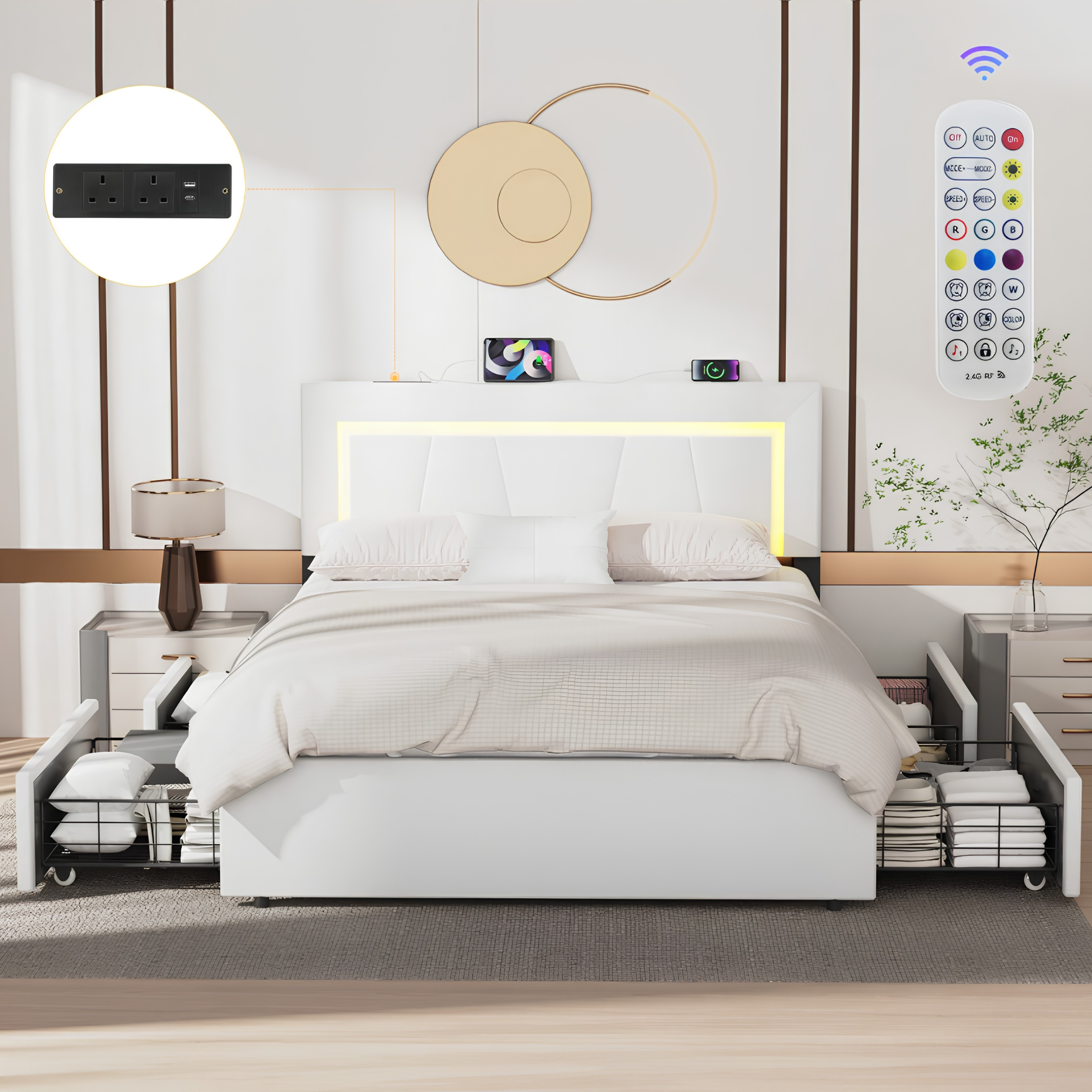 Modern 4FT6 Double Bed Frame with LED Lights, 4 Storage Drawers & Wooden Slats