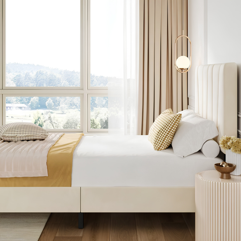 Premium Full Size Upholstered Platform Bed with Adjustable Headboard & Wooden Slat Support
