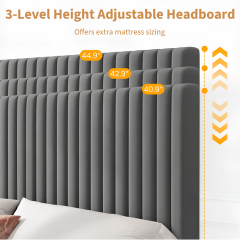 Upholstered Platform Bed Frame with Adjustable Channel-Tufted Headboard & Wooden Slat Support