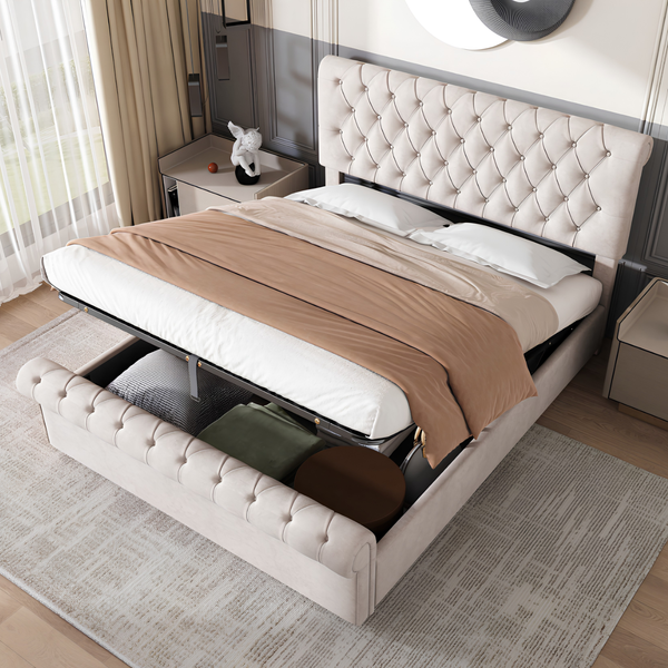 Premium 4FT6 Double Velvet Bed Frame with Storage & Slatted Support